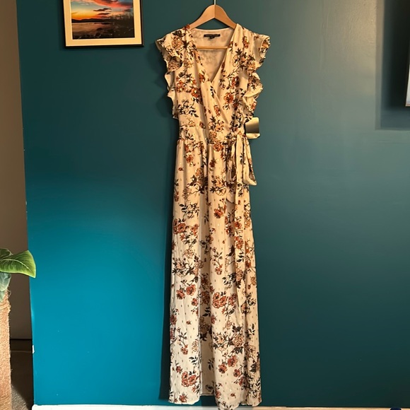 Boston Proper Floral Autumn Metallic Wrap Dress - Picture 3 of 14